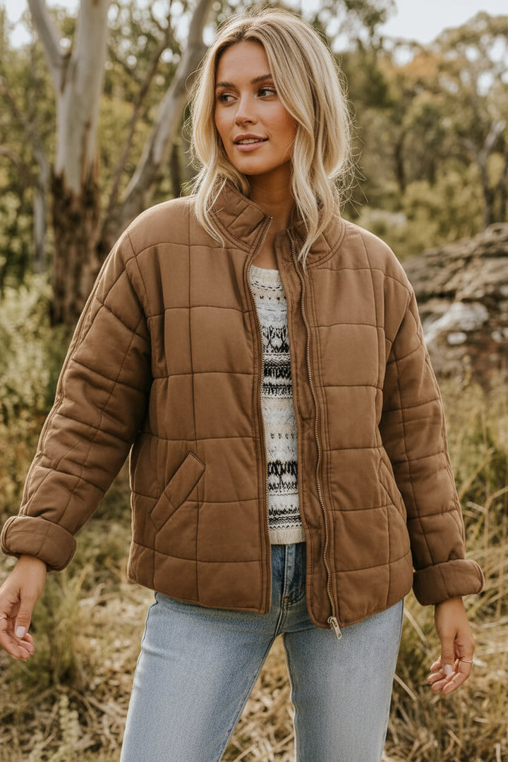 Women's Quilted Nylon Jacket – Stand Collar Zip-Up with Pockets