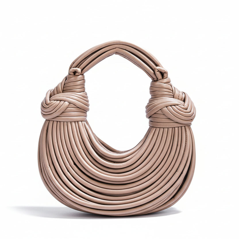 Women's Leather Handbag – Woven Knot Handle, Crescent Design