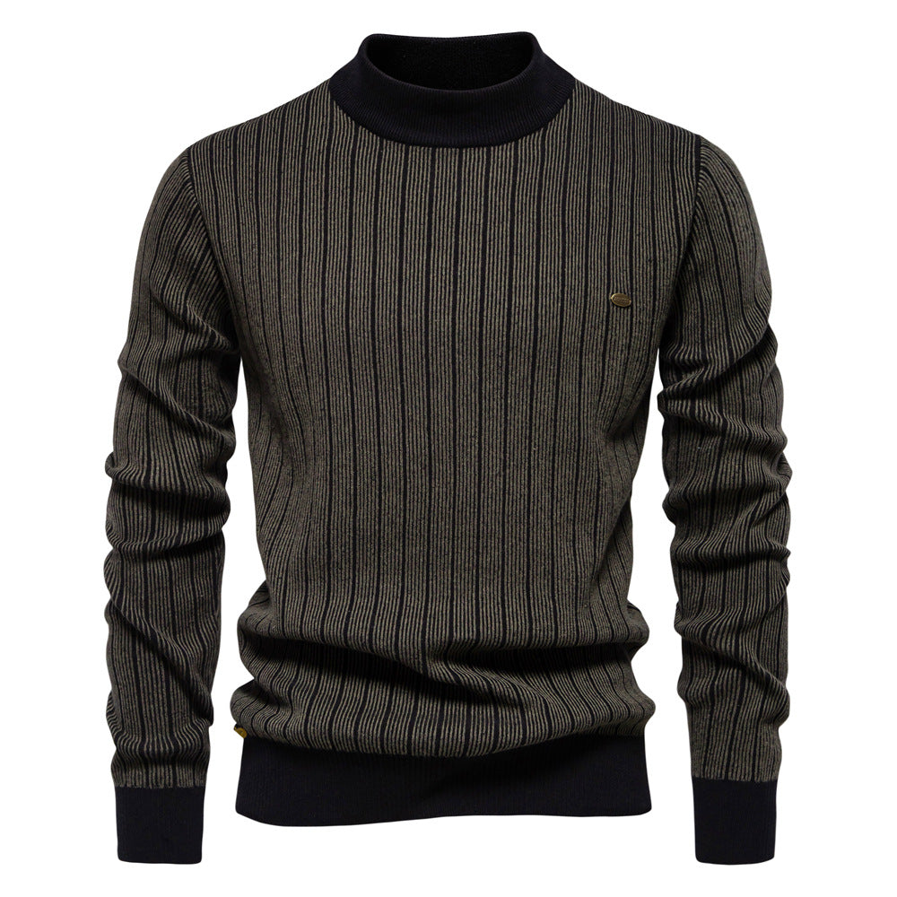 Men's Cotton Blend Slim Pullover Top – Half Turtleneck Striped Design