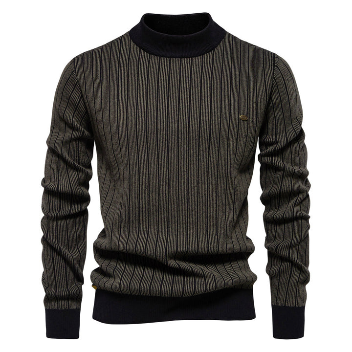 Men's Cotton Blend Slim Pullover Top – Half Turtleneck Striped Design