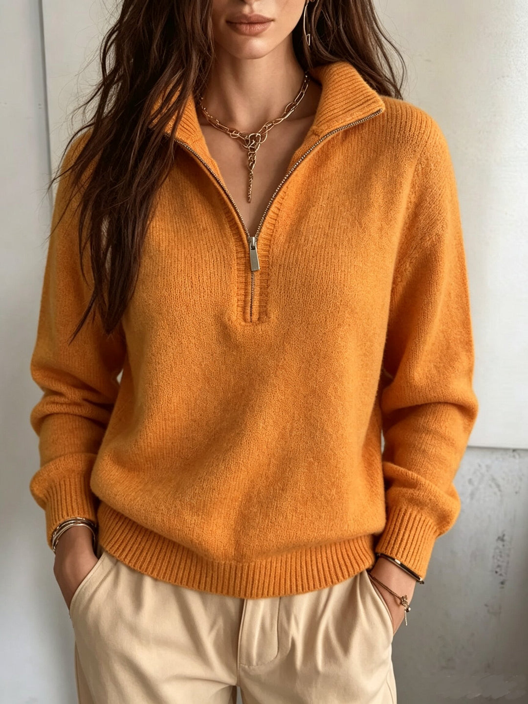 Women's High Neck Wool Blend Knit Sweater – Half-Zip Pullover