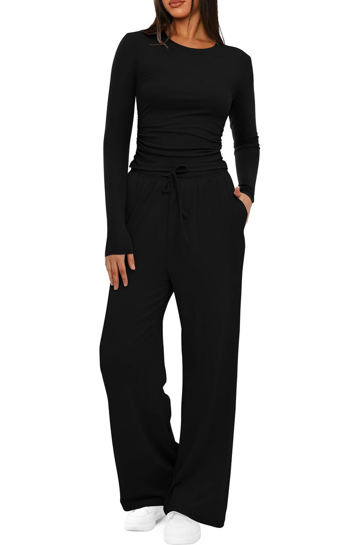 Women's Two Piece Set Wide Leg Pants & Long Sleeve Top – Relaxed Fit