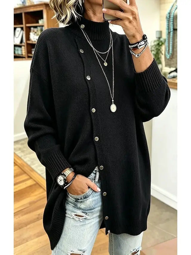 Women's Knit Turtleneck Cardigan – Button-Front Mid-Length Layer
