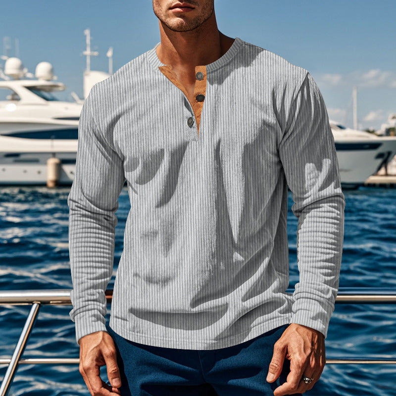 Men's Slim-Fit Corduroy Pullover Shirt – Four-Button Long Sleeve