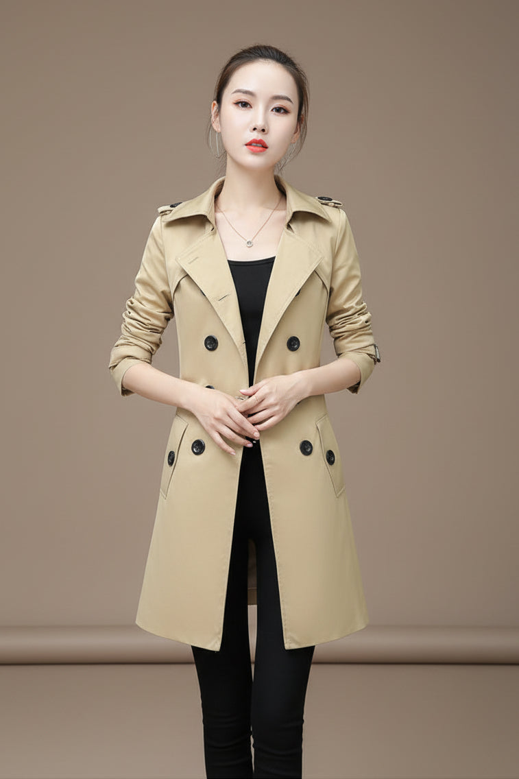 Women's Trench Coat – Slim Double Breasted Cotton Blend, Belted