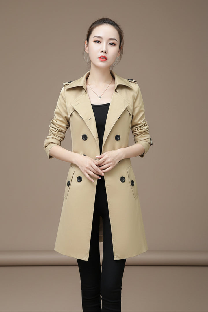 Women's Trench Coat – Slim Double Breasted Cotton Blend, Belted