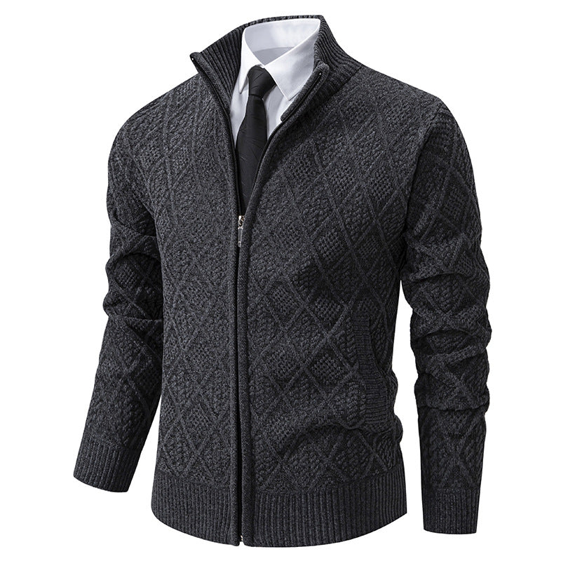 Men's Thick Fleece-Lined Cardigan – Knit Stand Collar Zip Sweater