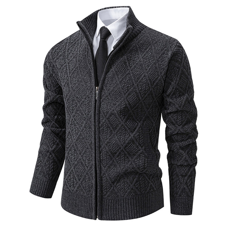 Men's Thick Fleece-Lined Cardigan – Knit Stand Collar Zip Sweater