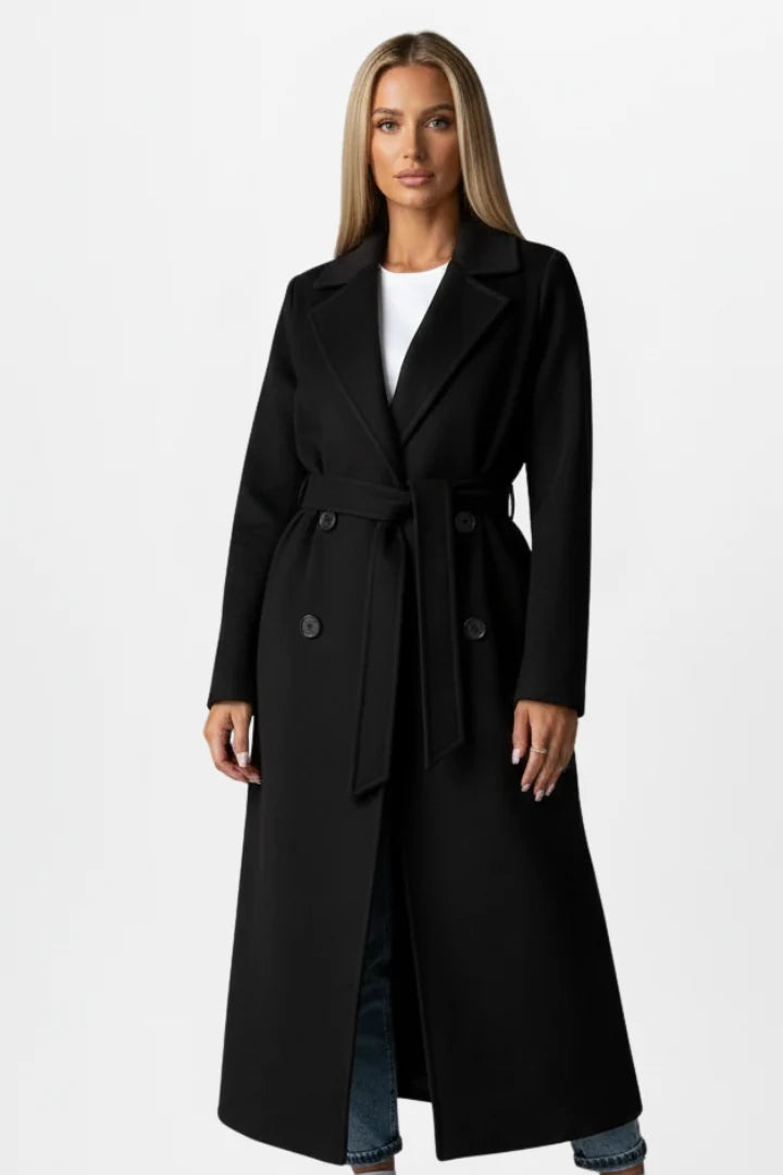 Women's Long Wool Coat – Double Breasted Belted Split Hem Overcoat
