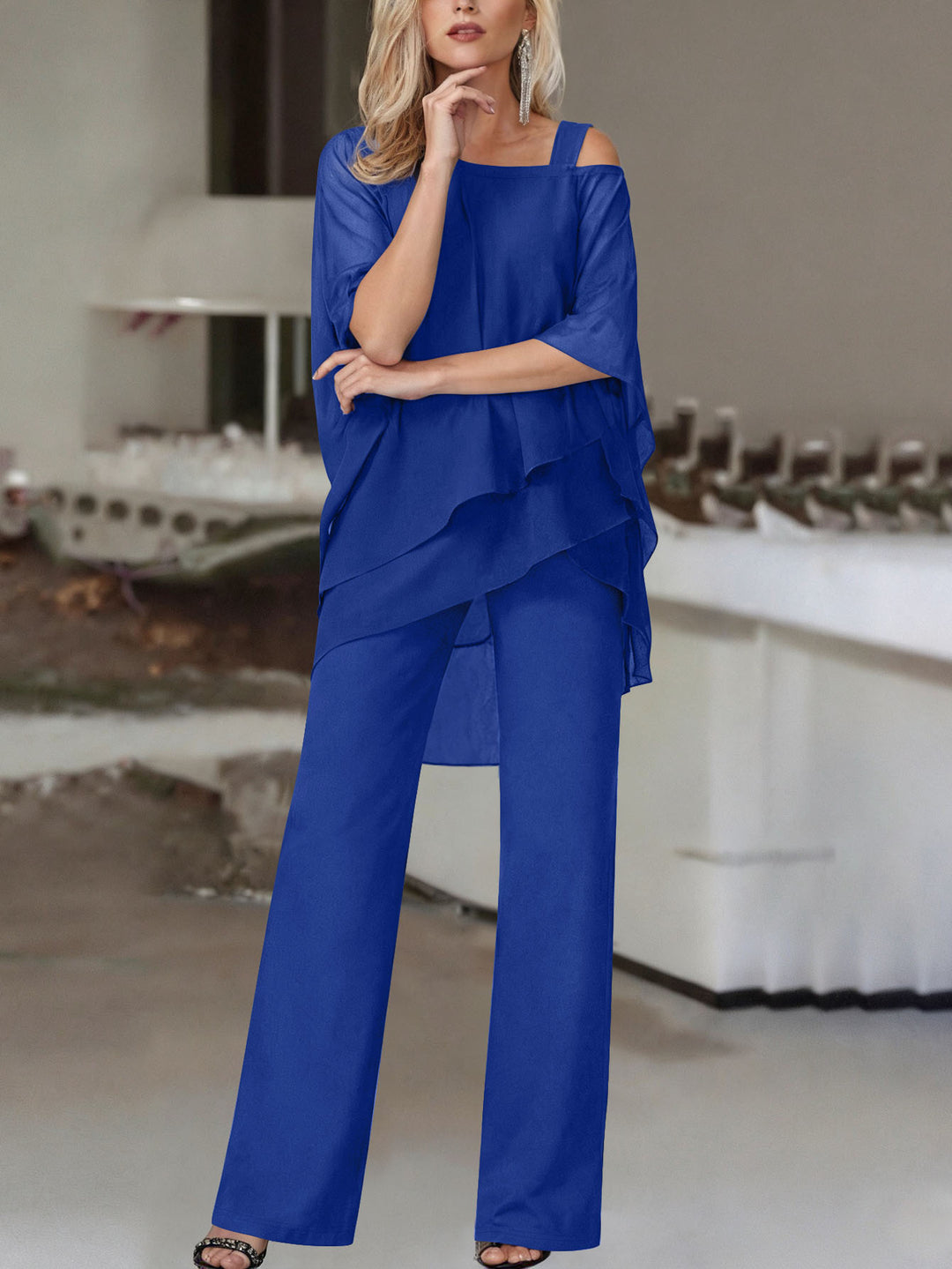 Two Piece Set in Soft Knit – Cold Shoulder Ruffle Top & Wide Leg Pants