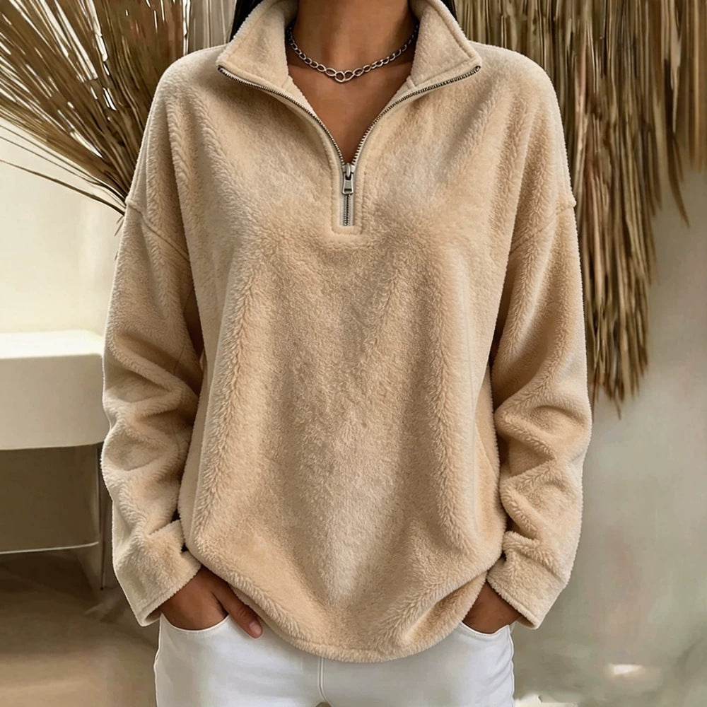 Women's Double-Faced Fleece Hoodie – Stand Collar Zip Pullover