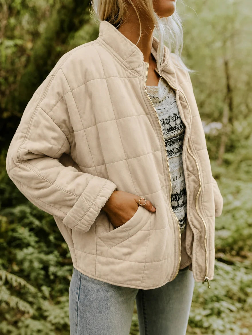 Women's Quilted Nylon Jacket – Stand Collar Zip-Up with Pockets