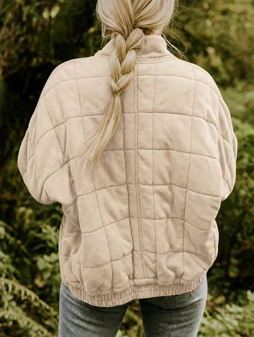 Women's Quilted Nylon Jacket – Stand Collar Zip-Up with Pockets