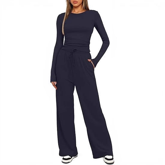 Women's Two Piece Set Wide Leg Pants & Long Sleeve Top – Relaxed Fit