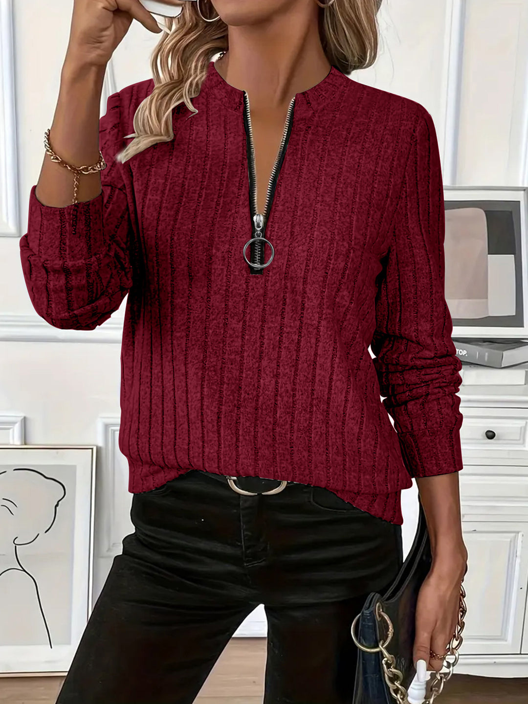 Women's Rib-Knit Long Sleeve Top – Zip Neck, Relaxed Fit