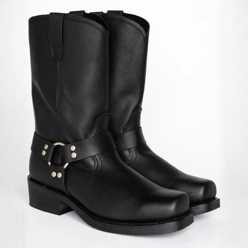 Men's Leather Short Boot – Retro Cowboy, Embossed Harness