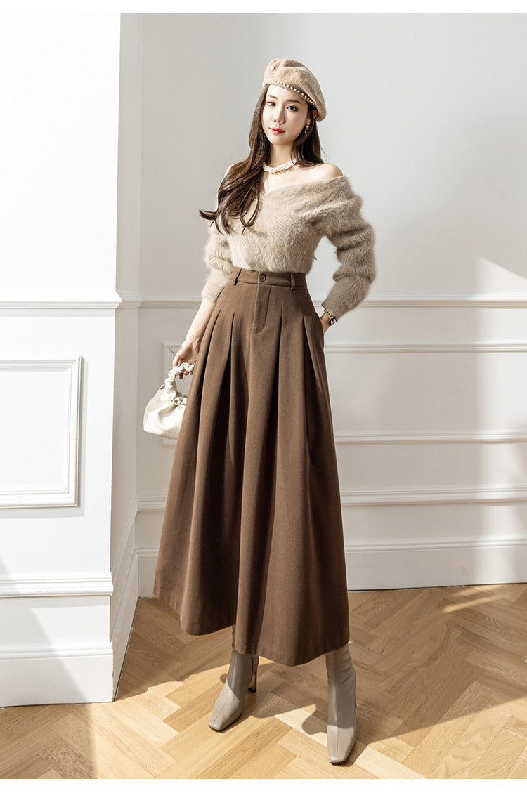 Women's Pleated Midi Skirt – Metal Silk High Waist A-Line Draped