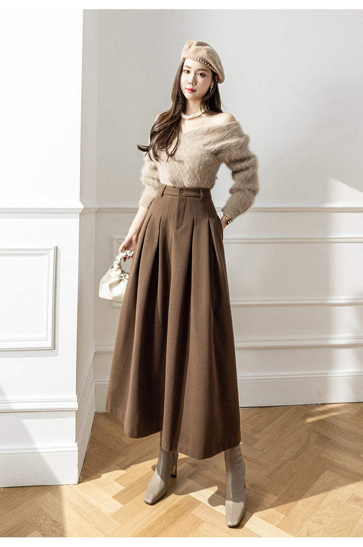 Women's Pleated Midi Skirt – Metal Silk High Waist A-Line Draped