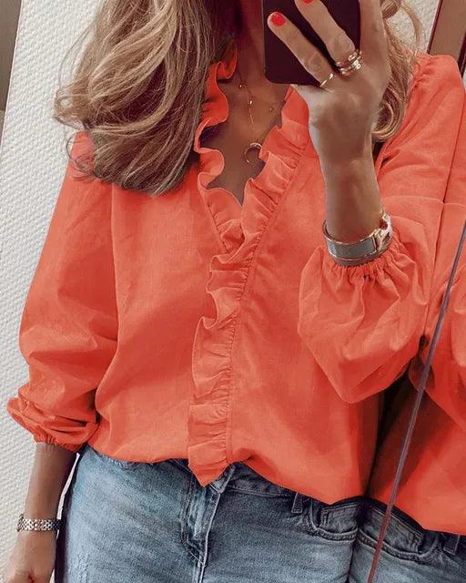 Women's Printed V-Neck Long Sleeve Blouse – Soft Stretch Drape