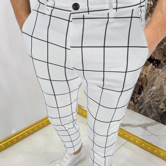 Men's Plaid Cotton Trousers – Slim Mid-Rise Cut with Stretch