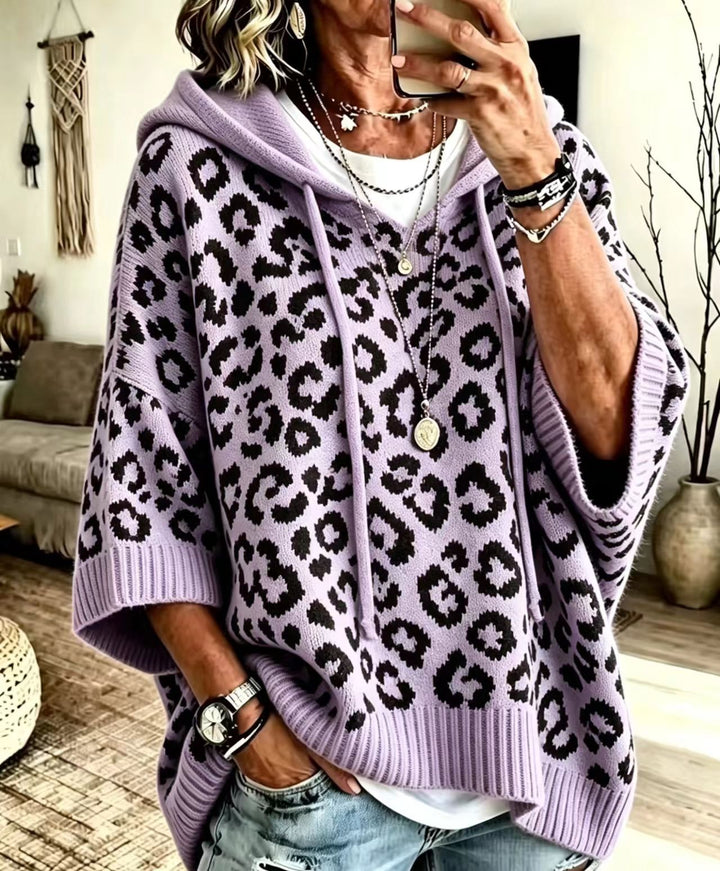 Women's Knit Leopard Print Pullover Sweater – Hooded Loose Fit