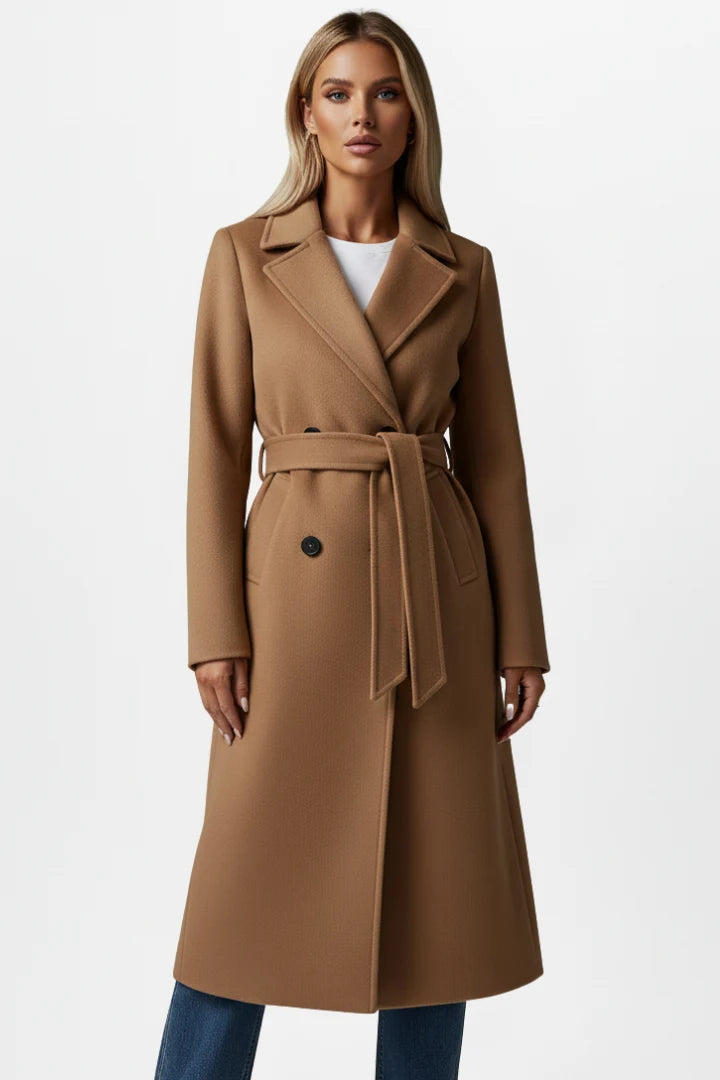 Women's Long Wool Coat – Double Breasted Belted Split Hem Overcoat