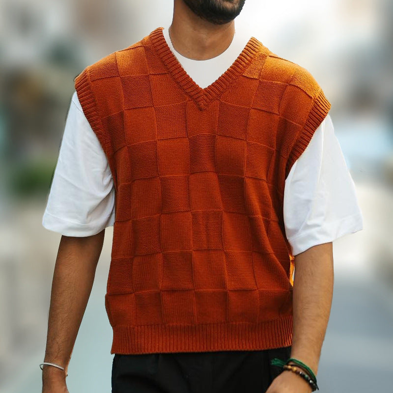 Men's Plaid Knit Pullover Vest – Soft Acrylic Streetwear Layer