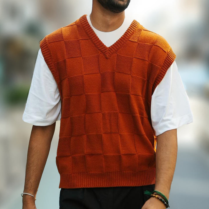 Men's Plaid Knit Pullover Vest – Soft Acrylic Streetwear Layer