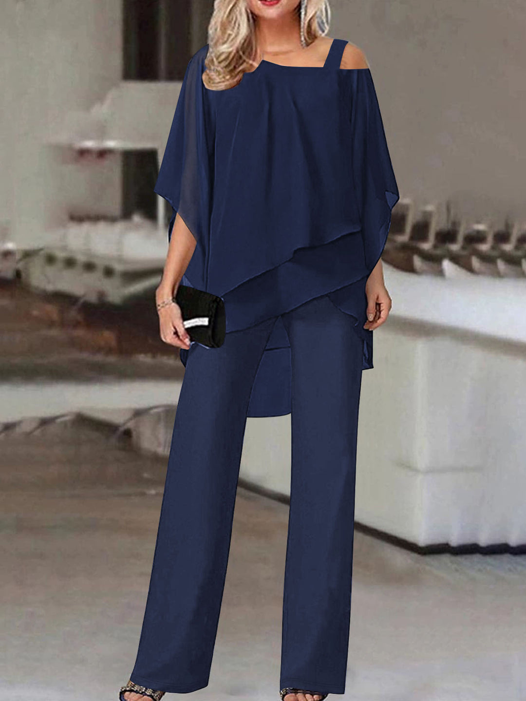 Two Piece Set in Soft Knit – Cold Shoulder Ruffle Top & Wide Leg Pants