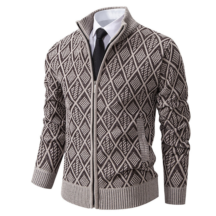 Men's Thick Fleece-Lined Cardigan – Knit Stand Collar Zip Sweater