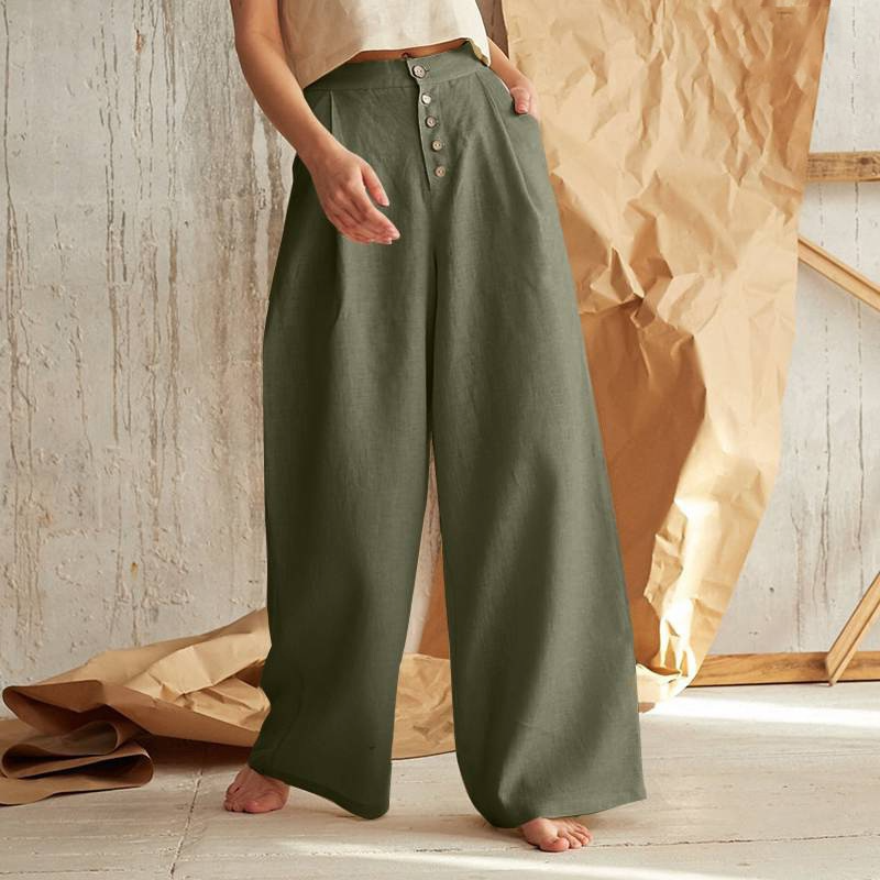 Wide-Leg Pant in 100% Cotton with Hidden Elastic Waistband, Button-Fly Front, and Ankle-Length Cut