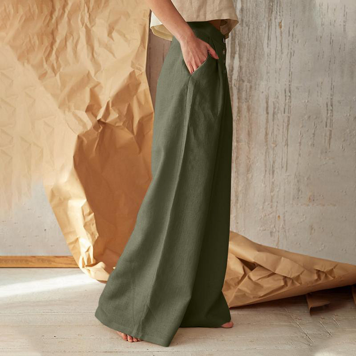 Wide-Leg Pant in 100% Cotton with Hidden Elastic Waistband, Button-Fly Front, and Ankle-Length Cut