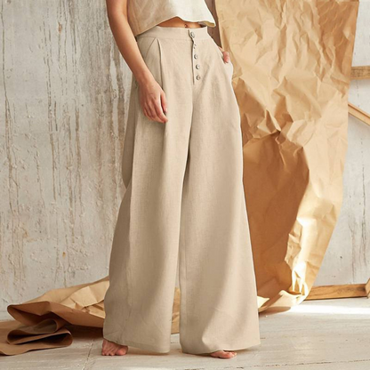 Wide-Leg Pant in 100% Cotton with Hidden Elastic Waistband, Button-Fly Front, and Ankle-Length Cut