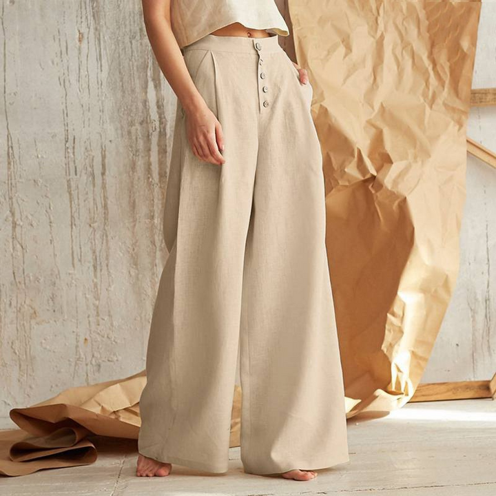 Wide-Leg Pant in 100% Cotton with Hidden Elastic Waistband, Button-Fly Front, and Ankle-Length Cut
