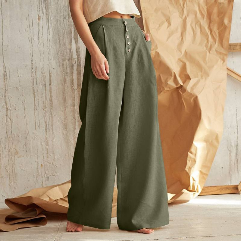 Wide-Leg Pant in 100% Cotton with Hidden Elastic Waistband, Button-Fly Front, and Ankle-Length Cut