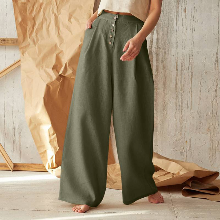 Wide-Leg Pant in 100% Cotton with Hidden Elastic Waistband, Button-Fly Front, and Ankle-Length Cut