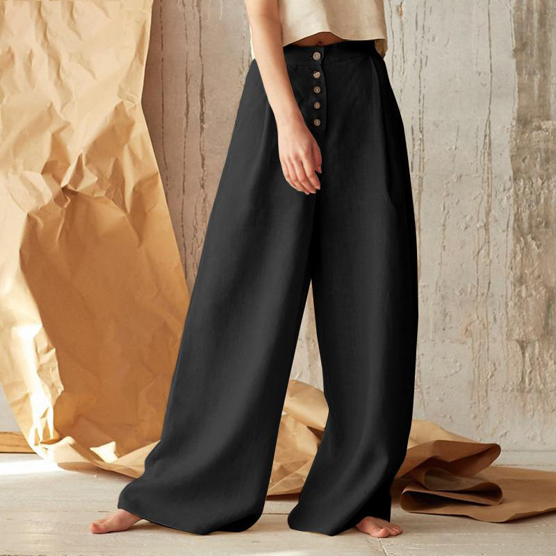 Wide-Leg Pant in 100% Cotton with Hidden Elastic Waistband, Button-Fly Front, and Ankle-Length Cut