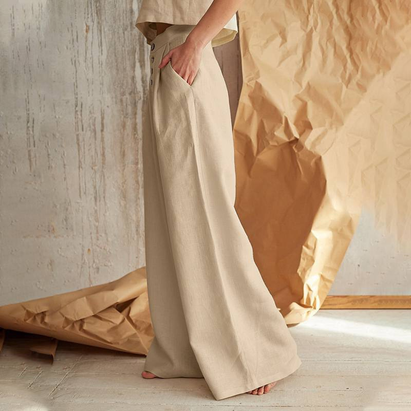 Wide-Leg Pant in 100% Cotton with Hidden Elastic Waistband, Button-Fly Front, and Ankle-Length Cut