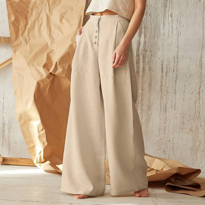 Wide-Leg Pant in 100% Cotton with Hidden Elastic Waistband, Button-Fly Front, and Ankle-Length Cut
