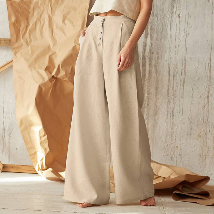 Wide-Leg Pant in 100% Cotton with Hidden Elastic Waistband, Button-Fly Front, and Ankle-Length Cut