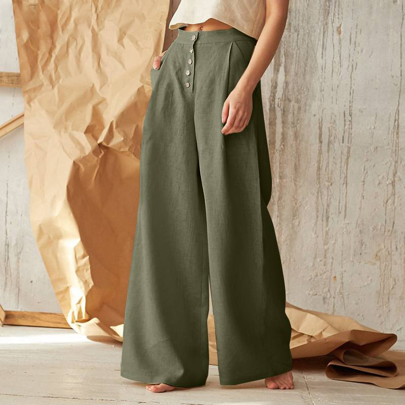 Wide-Leg Pant in 100% Cotton with Hidden Elastic Waistband, Button-Fly Front, and Ankle-Length Cut