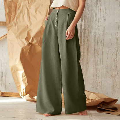 Wide-Leg Pant in 100% Cotton with Hidden Elastic Waistband, Button-Fly Front, and Ankle-Length Cut