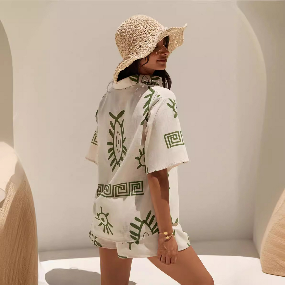 Two-Piece Co-ord Set with Sun-Print Shirt and Matching Shorts, Cotton-Linen Blend