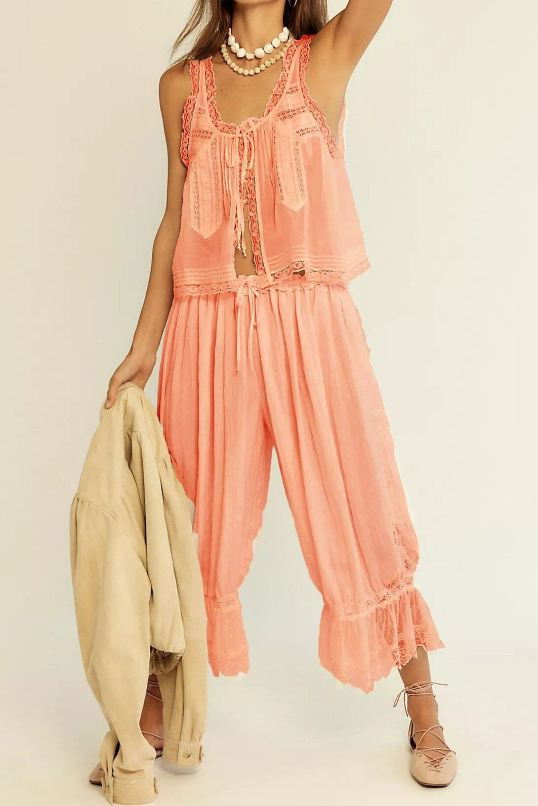 Lace-Trim Cotton Two-Piece Set with Tank Top and Wide-Leg Drawstring Pants