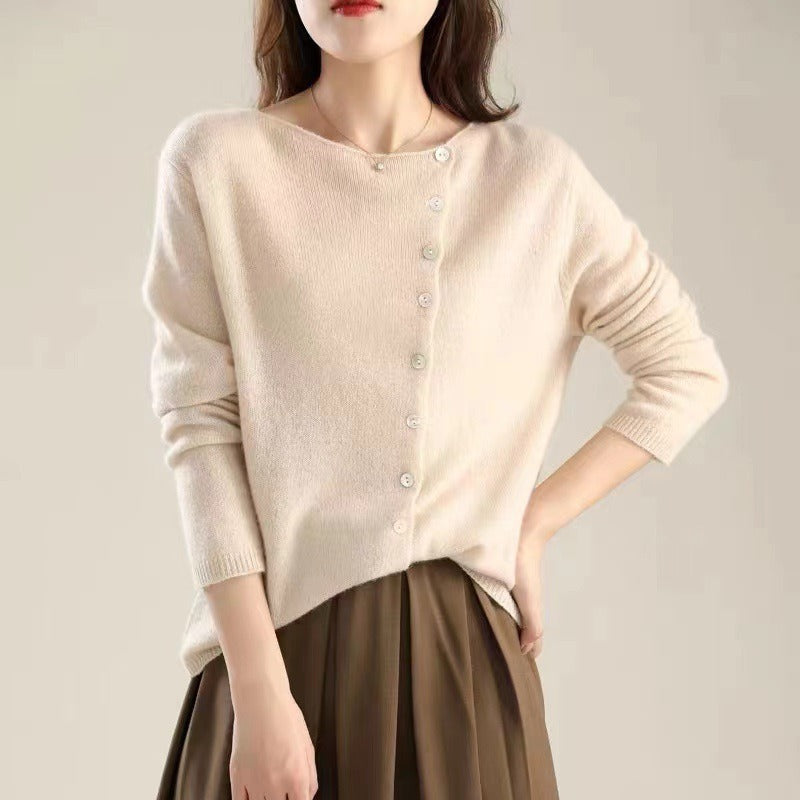 Asymmetric Button Sweater in Khaki Soft Knit with Off-Center Placket Detail and Long Sleeves