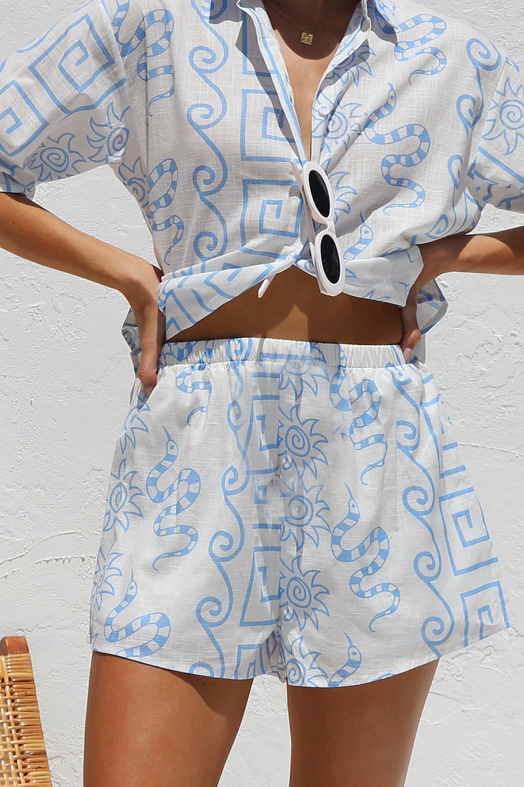 Two-Piece Co-ord Set with Sun-Print Shirt and Matching Shorts, Cotton-Linen Blend