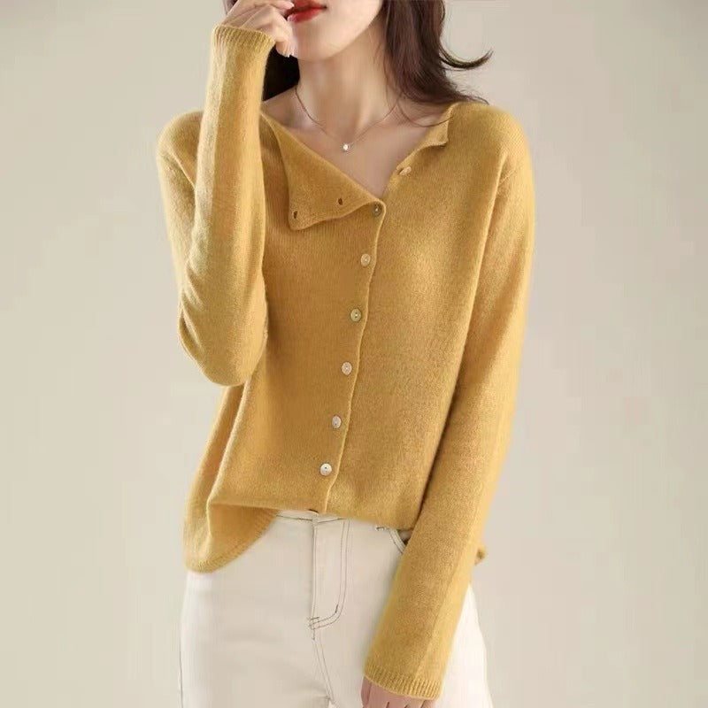 Asymmetric Button Sweater in Khaki Soft Knit with Off-Center Placket Detail and Long Sleeves