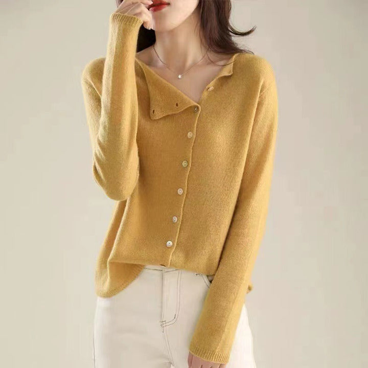 Asymmetric Button Sweater in Khaki Soft Knit with Off-Center Placket Detail and Long Sleeves