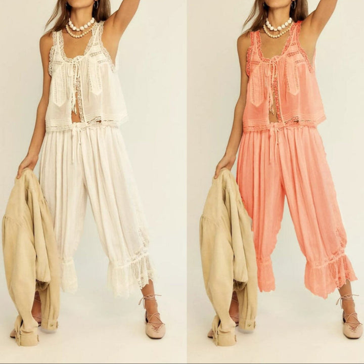 Lace-Trim Cotton Two-Piece Set with Tank Top and Wide-Leg Drawstring Pants