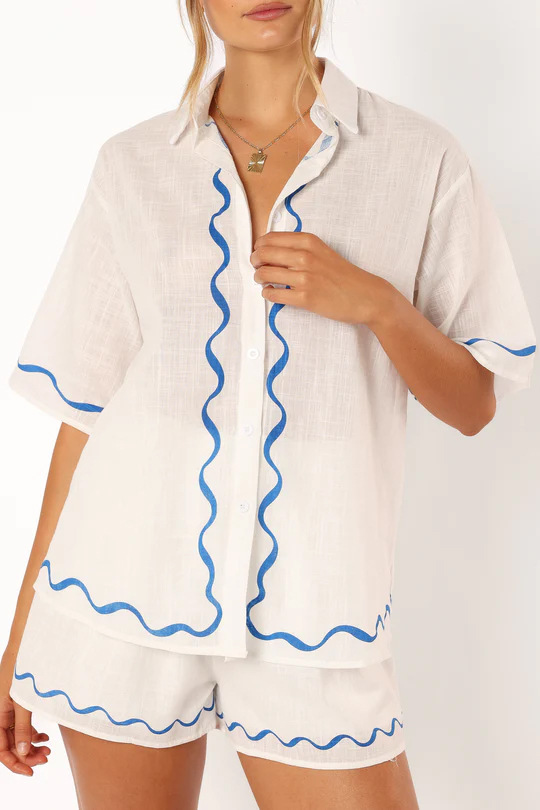 Two-Piece Co-ord Set with Sun-Print Shirt and Matching Shorts, Cotton-Linen Blend